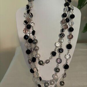 Beautiful Black, Clear, White & Gray Pearls Necklace in Silver Tone (64")